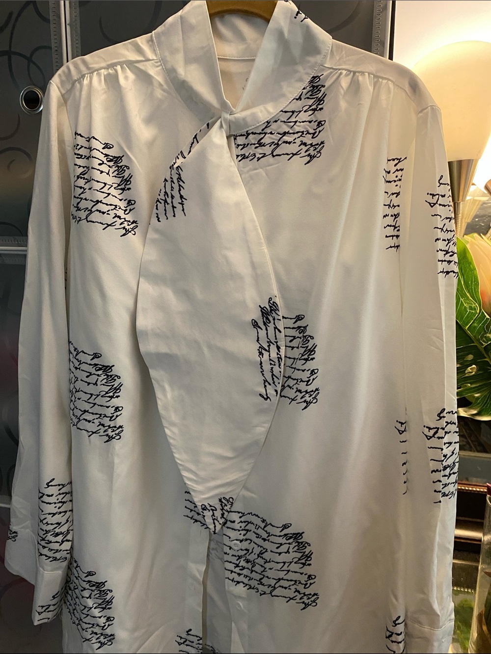 NWOT, White/Black Long-Sleeve Shirt - Script Print Hanging Tie in the Front